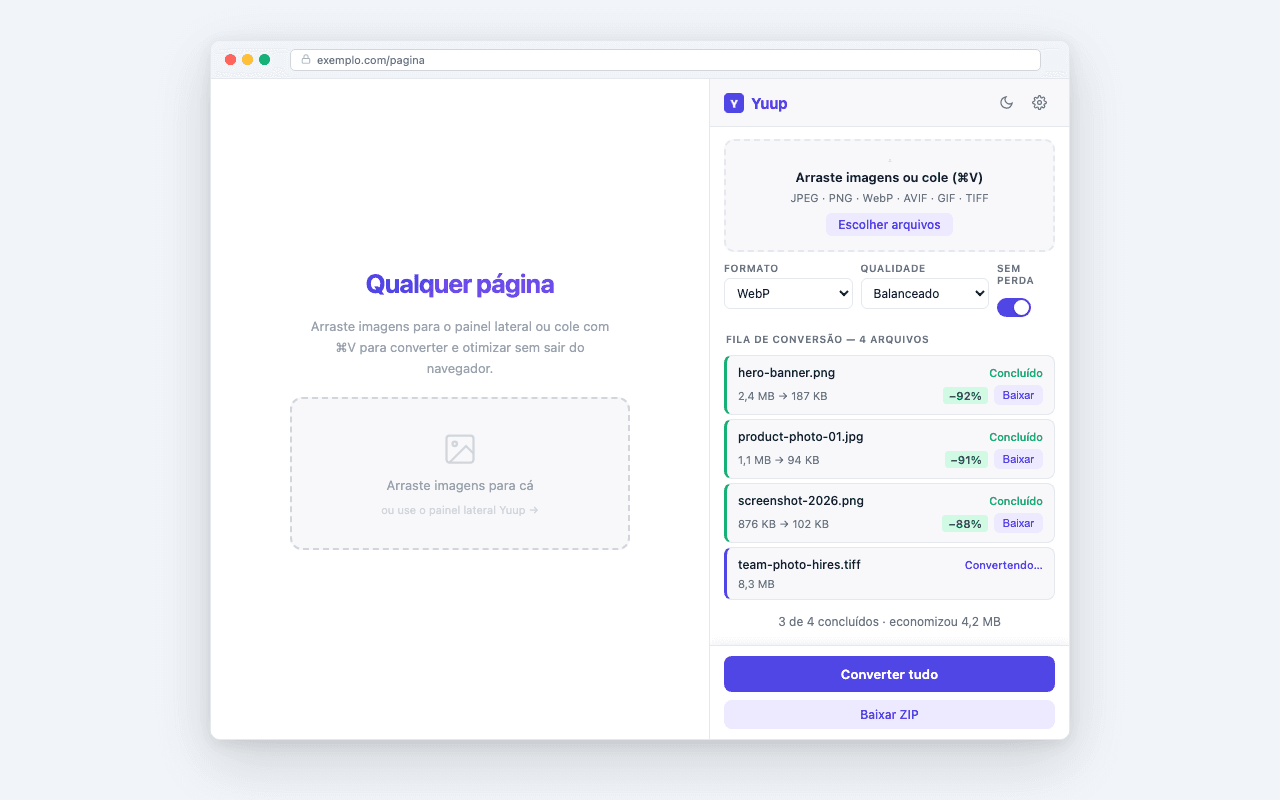 Captura da extensão Chrome do Yuup no painel lateral, mostrando a fila de conversão com economias de espaço