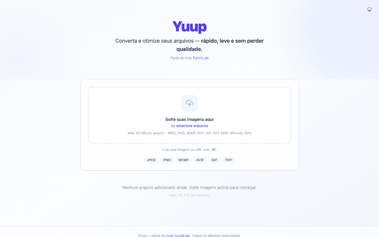 Captura da ferramenta web do Yuup mostrando a área de upload de imagens